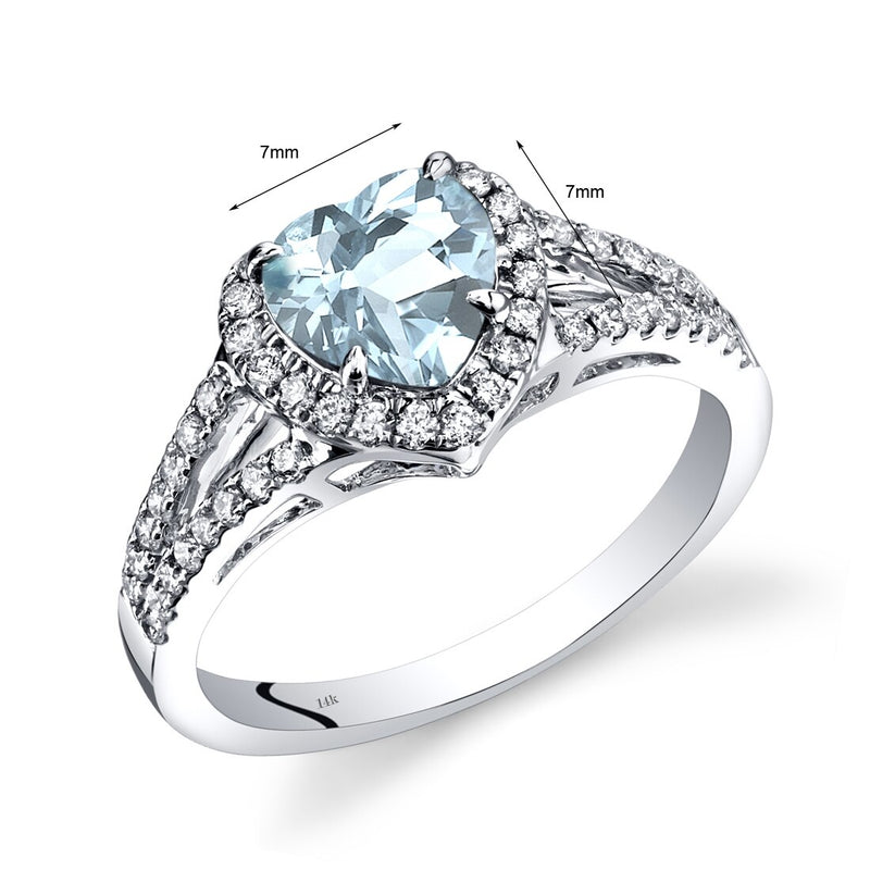 14K White Gold Aquamarine Diamond Halo Ring Heart Shape 1.40 Carats Total