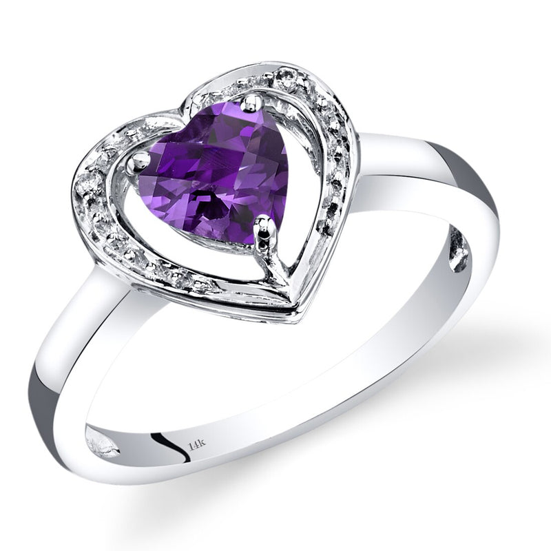 14K White Gold Amethyst Diamond Heart Shape Promise Ring 0.75 Carats Total