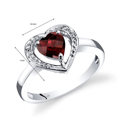 14K White Gold Garnet Diamond Heart Shape Promise Ring 0.75 Carats Total