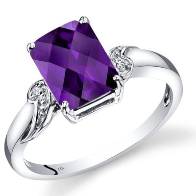 14K White Gold Amethyst Diamond Ring Radiant Checkerboard Cut 2 Carats Total