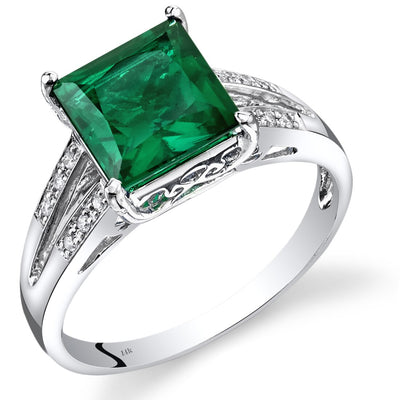 14K White Gold Created Emerald Diamond Ring Princess Cut 2.25 Carats Total