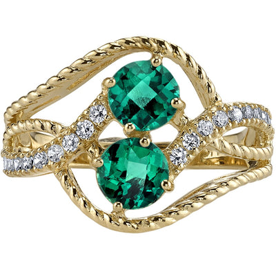 Two Stone Emerald Ring 14K Yellow Gold Round Shape 1 Carat