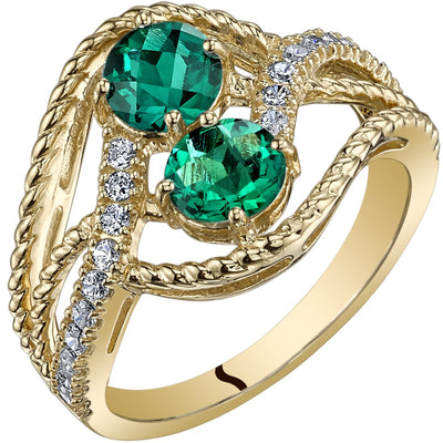 Two Stone Emerald Ring 14K Yellow Gold Round Shape 1 Carat