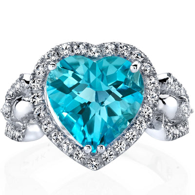 Swiss Blue Topaz Heart Shape Halo Ring in 14K White Gold 4 Carats