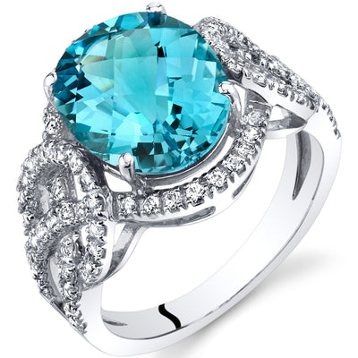 Swiss Blue Topaz Halo Statement Ring in 14K White Gold 4 Carats Oval Shape