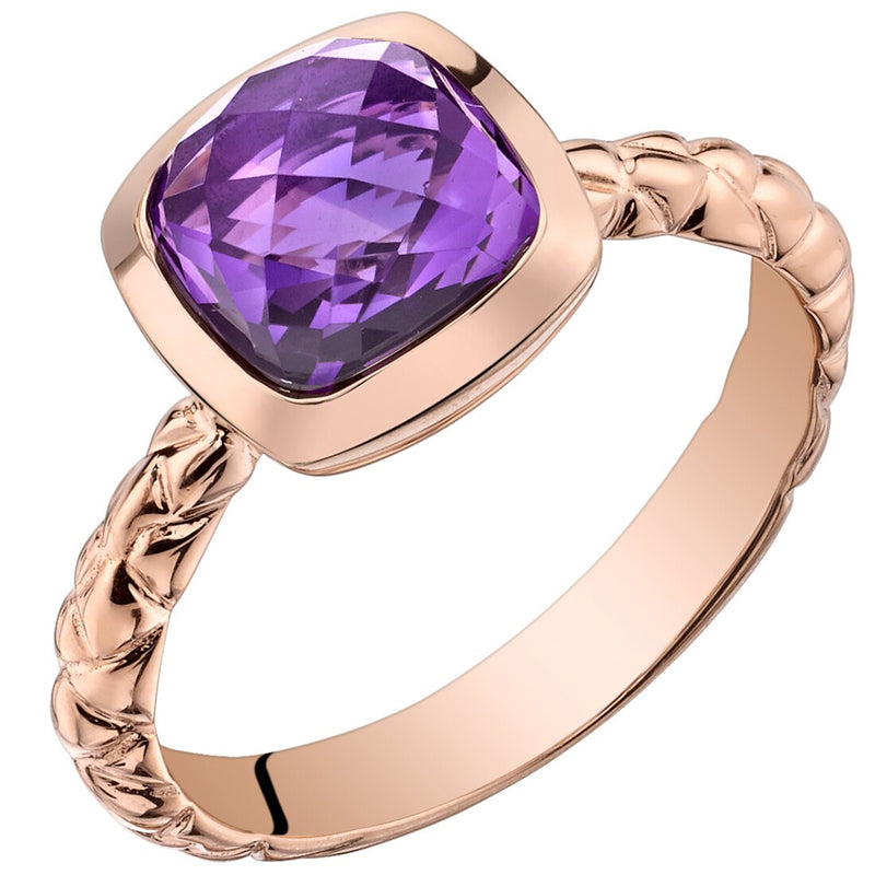 14K Rose Gold Amethyst Cushion Cut Woven Solitaire Dome Ring 2 Carats