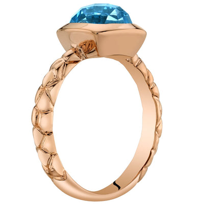14K Rose Gold Swiss Blue Topaz Cushion Cut Woven Solitaire Dome Ring 2.50 Carats