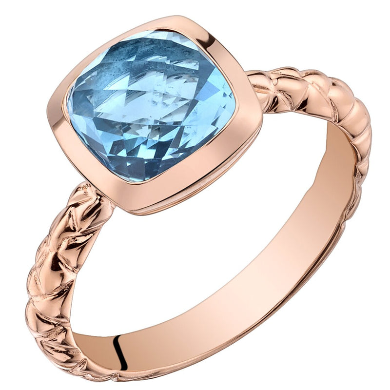 14K Rose Gold Swiss Blue Topaz Cushion Cut Woven Solitaire Dome Ring 2.50 Carats
