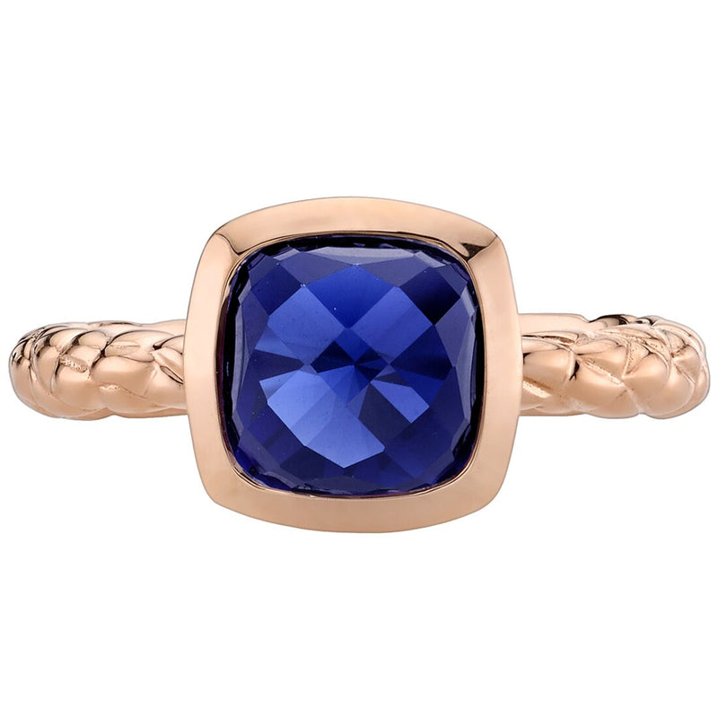 14K Rose Gold Created Blue Sapphire Cushion Cut Woven Solitaire Dome Ring 2.50 Carats