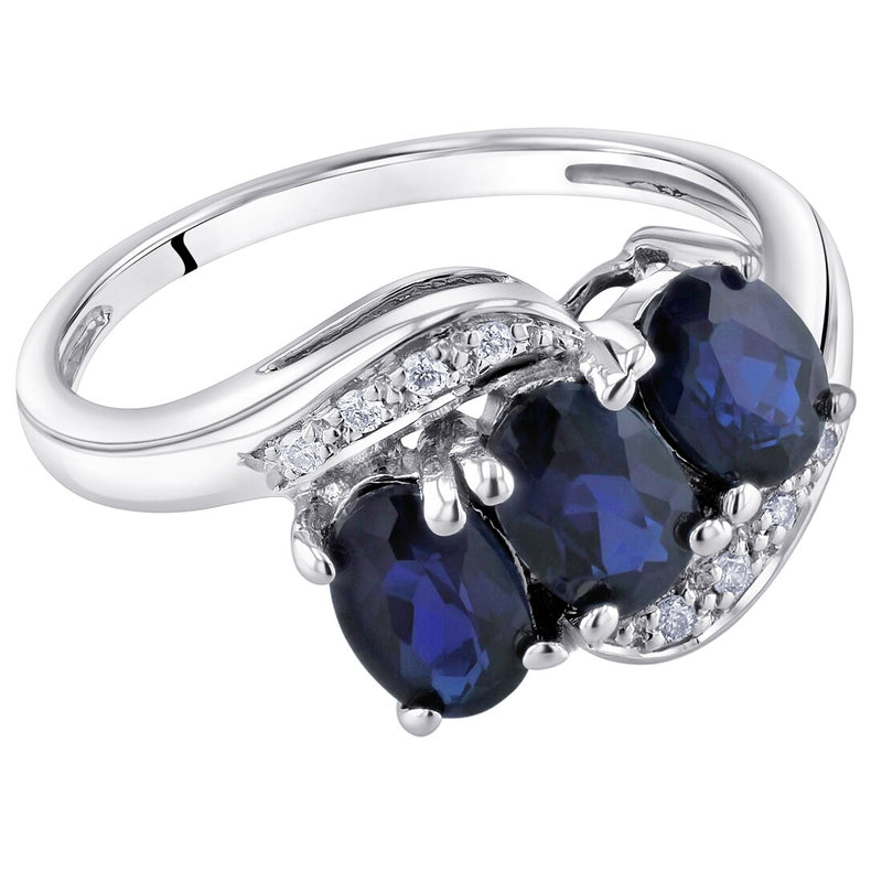 14K White Gold Created Blue Sapphire And Diamond Three Stone Anniversary Ring 1 50 Carats Oval Shape Sizes 5 To 9 R63034 alternate view and angle
