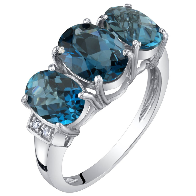 3-Stone London Blue Topaz and Diamond Ring 14K White Gold 2.75 Carats Oval Shape