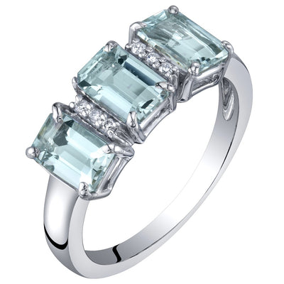 3-Stone Aquamarine and Diamond Ring 14K White Gold 1.50 Carats Emerald Cut