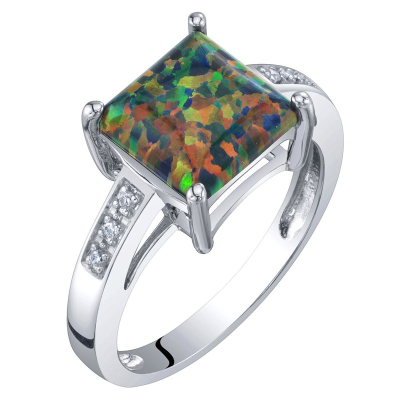 Princess Cut Black Opal and Diamond Solitaire Ring 14K White Gold