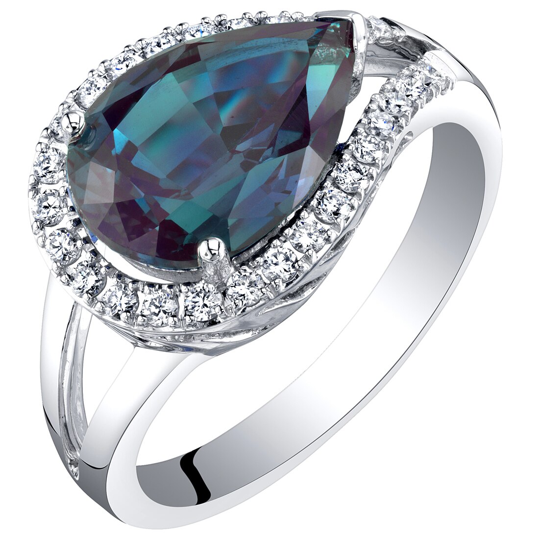 14K White Gold Created Alexandrite and Lab Grown Diamond Ring 4.02 Carats  Total Pear Shape