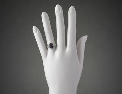 14K White Gold Created Alexandrite And Lab Grown Diamond Ring 4 04 Carats Total Cushion Cut R63126 on a model
