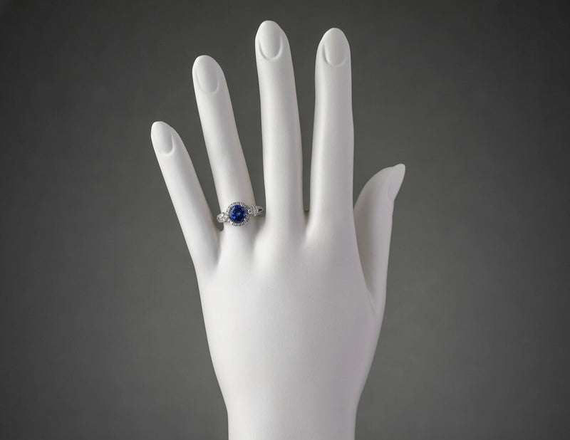 14K White Gold Created Sapphire And Lab Grown Diamond Ring 3 61 Carats Total Round Shape R63140 on a model