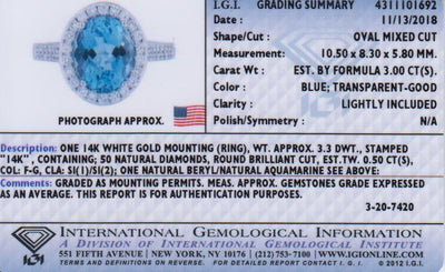 14K White Gold Igi Certified Aquamarine And Diamond Ring 3 50 Carats Total Weight Oval Shape R63144 IGI certificate