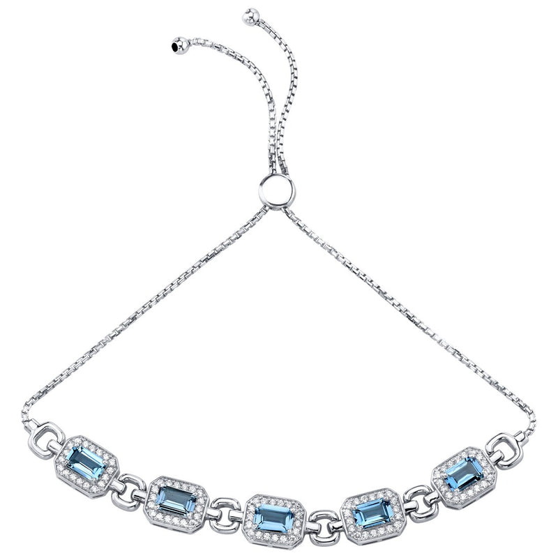 London Blue Topaz Adjustable Friendship Bracelet Sterling Silver 3 Carats Emerald Cut
