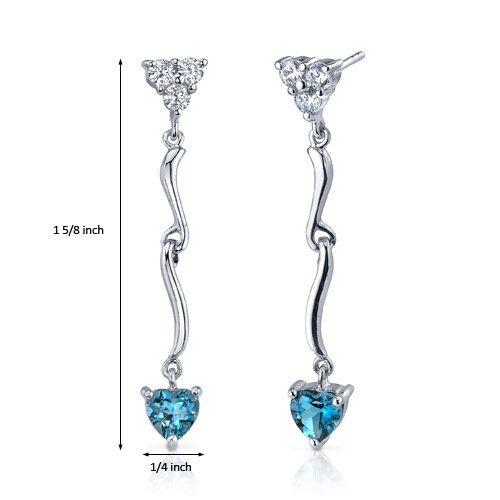 London Blue Topaz Earrings Sterling Silver Heart Shape 2 Carats