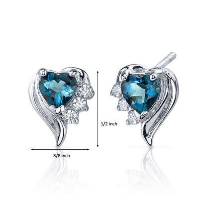 London Blue Topaz Earrings Sterling Silver Heart Shape 1 Carats