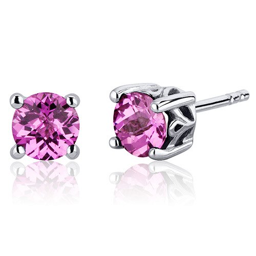Pink Sapphire Stud Earrings Sterling Silver Round Shape 2 Cts