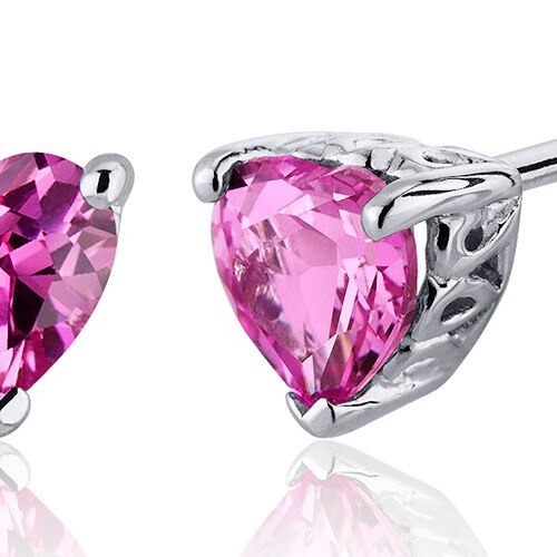 Pink Sapphire Stud Earrings Sterling Silver Heart Shape 2 Cts