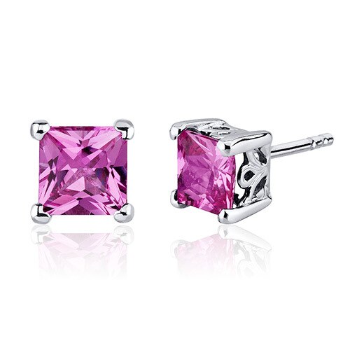 Pink Sapphire Stud Earrings Sterling Silver Princess Cut 3 Cts