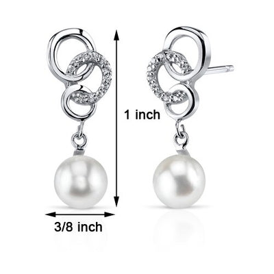 Freshwater Cultured 6.5mm White Pearl Trinity Drop Earrings Sterling Silver