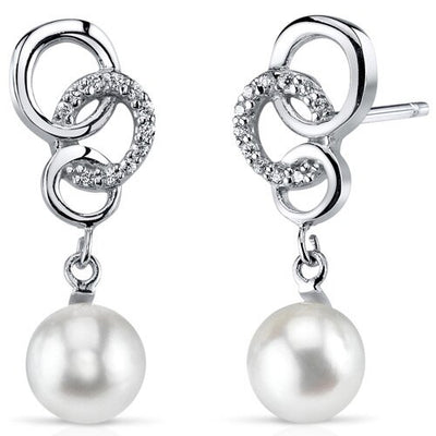 Freshwater Cultured 6.5mm White Pearl Trinity Drop Earrings Sterling Silver