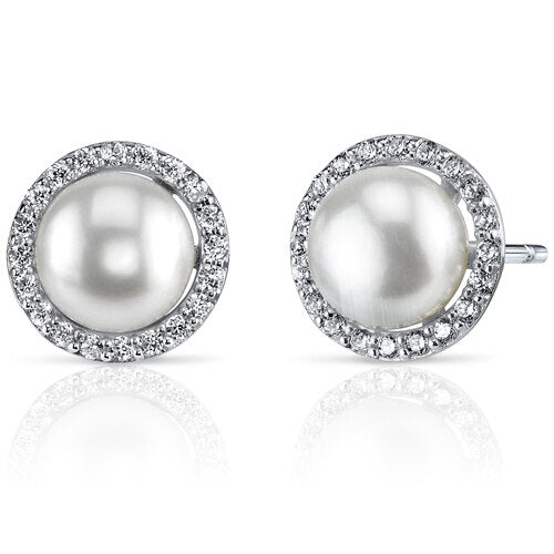 Freshwater Cultured 7.5mm White Pearl Empress Halo Stud Earrings Sterling Silver