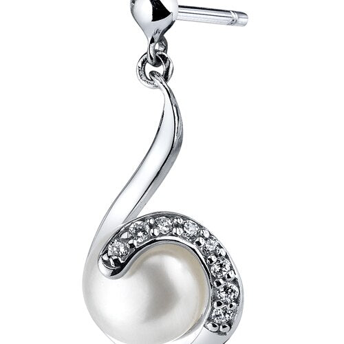 Freshwater Cultured 7.5mm White Pearl Swirl Drop Stud Earrings Sterling Silver