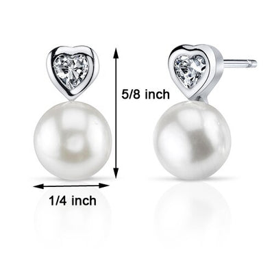 Freshwater Cultured 8.5mm White Pearl Heart Drop Stud Earrings Sterling Silver