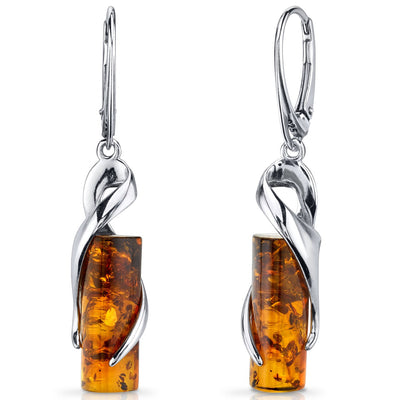 Baltic Amber Elliptical Earrings Sterling Silver Cognac Cylindrical