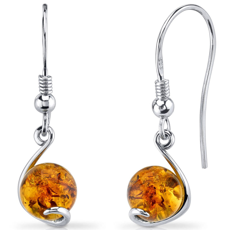 Baltic Amber Spherical Fishhook Earrings Sterling Silver Cognac Color