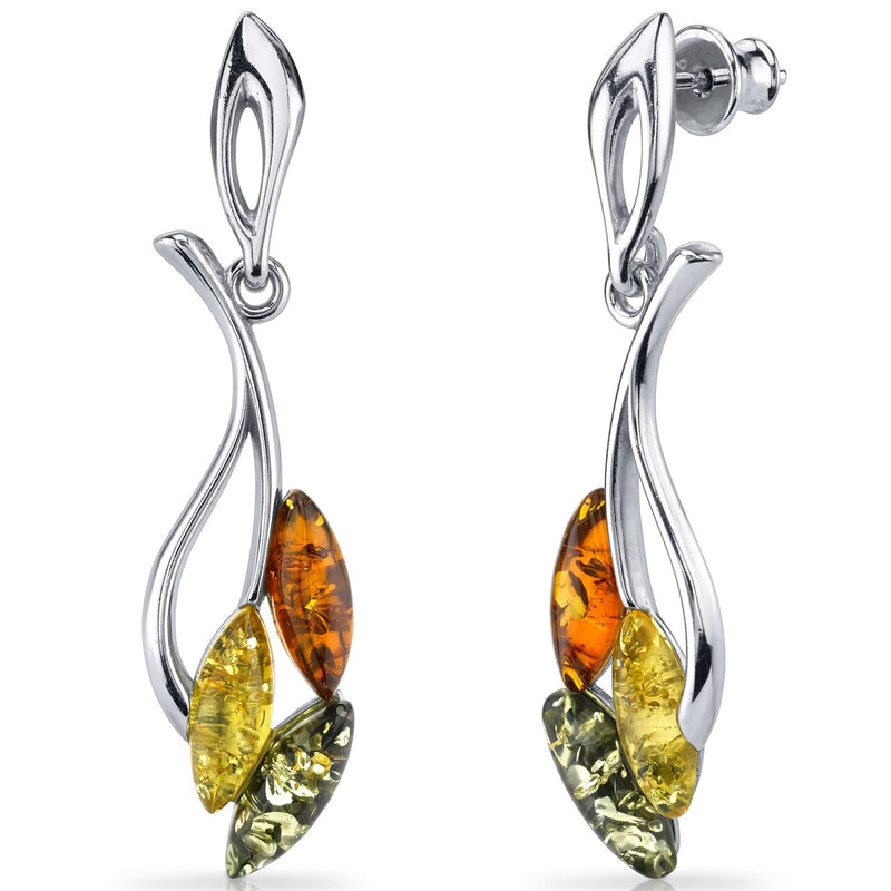 Baltic Amber Leaf Dangle Earrings Sterling Silver Multiple Color
