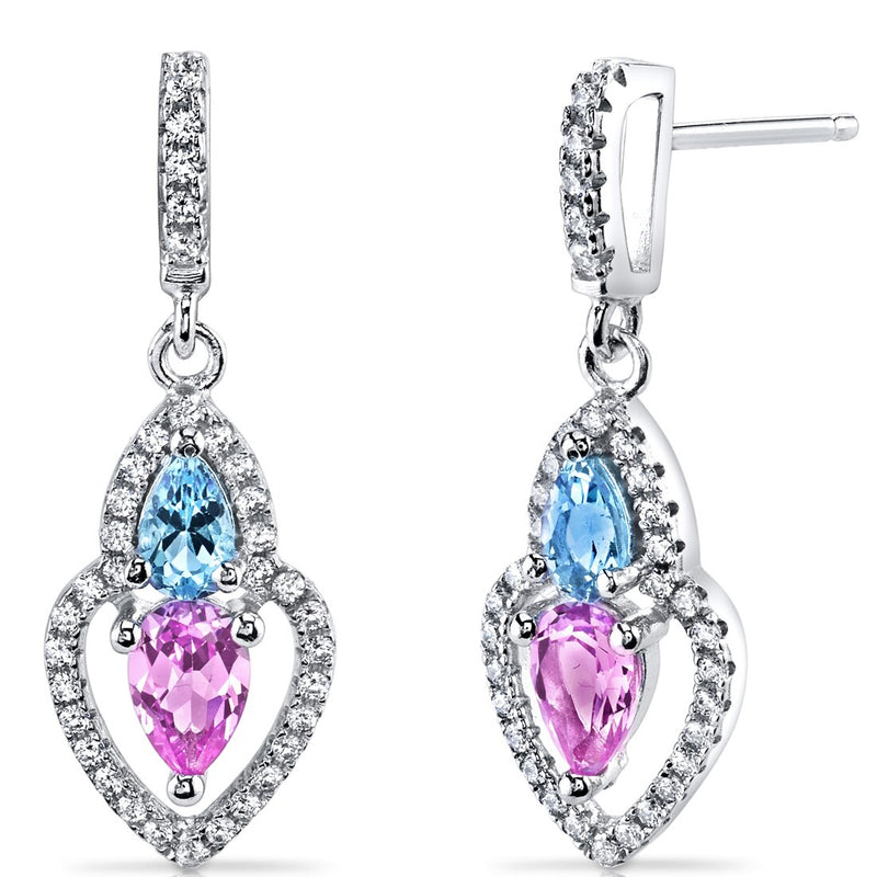 Created Pink Sapphire and Swiss Blue Topaz Earrings Sterling Silver Pear Shape 1.50 Carats Total