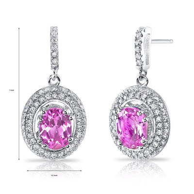 Created Pink Sapphire Halo Dangle Earrings Sterling Silver 3.50 Carats Total