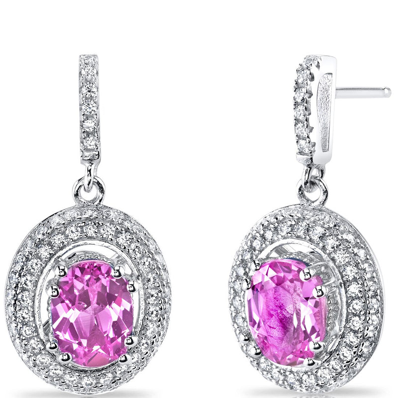 Created Pink Sapphire Halo Dangle Earrings Sterling Silver 3.50 Carats Total