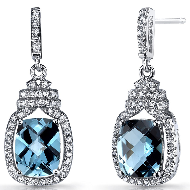 London Blue Topaz Halo Crown Dangle Earrings Sterling Silver 4.5 Carats