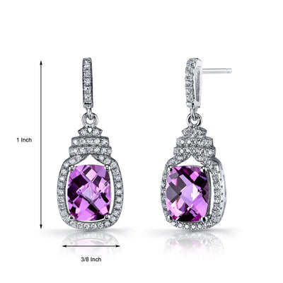 Created Pink Sapphire Halo Crown Dangle Earrings Sterling Silver 5.5 Carats