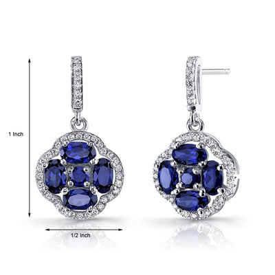 Created Blue Sapphire Clover Dangle Drop Earrings Sterling Silver 2.5 Carats