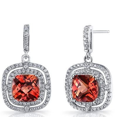 Created Padparadscha Sapphire Cushion Cut Dangle Drop Earrings Sterling Silver 6 Carats