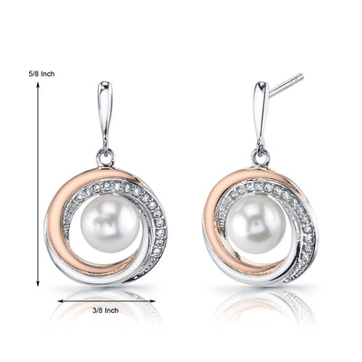 Freshwater Cultured 7.50mm White Pearl Halo Earrings Rose Goldtone Sterling Silver