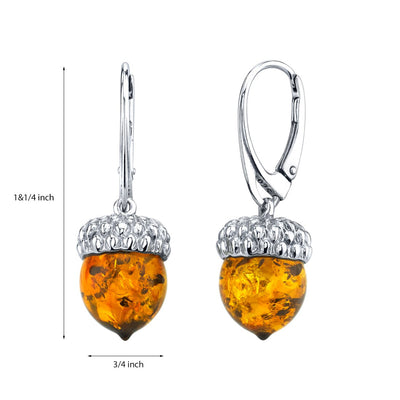 Baltic Amber Sterling Silver Acorn Drop Earrings Cognac Color