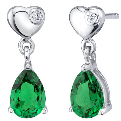 Teardrop Emerald Heart Dangle Drop Earrings Sterling Silver 1.25 Carats Total