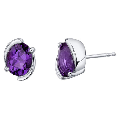 Amethyst Bezel Stud Earrings Sterling Silver 2 Carats Total Oval Shape