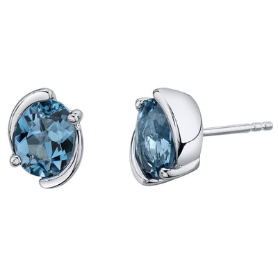 London Blue Topaz Bezel Stud Earrings Sterling Silver 3 Carats Total Oval Shape