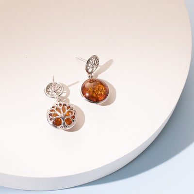 Baltic Amber Double-sided Tree of Life Dangle Earrings in Sterling Silver creative