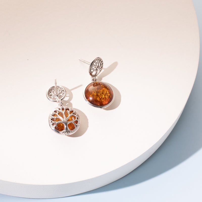 Baltic Amber Double-sided Tree of Life Dangle Earrings in Sterling Silver creative