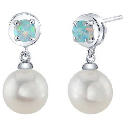 8mm Freshwater Cultured Pearl & White Opal Dangle Earrings in Sterling Silver